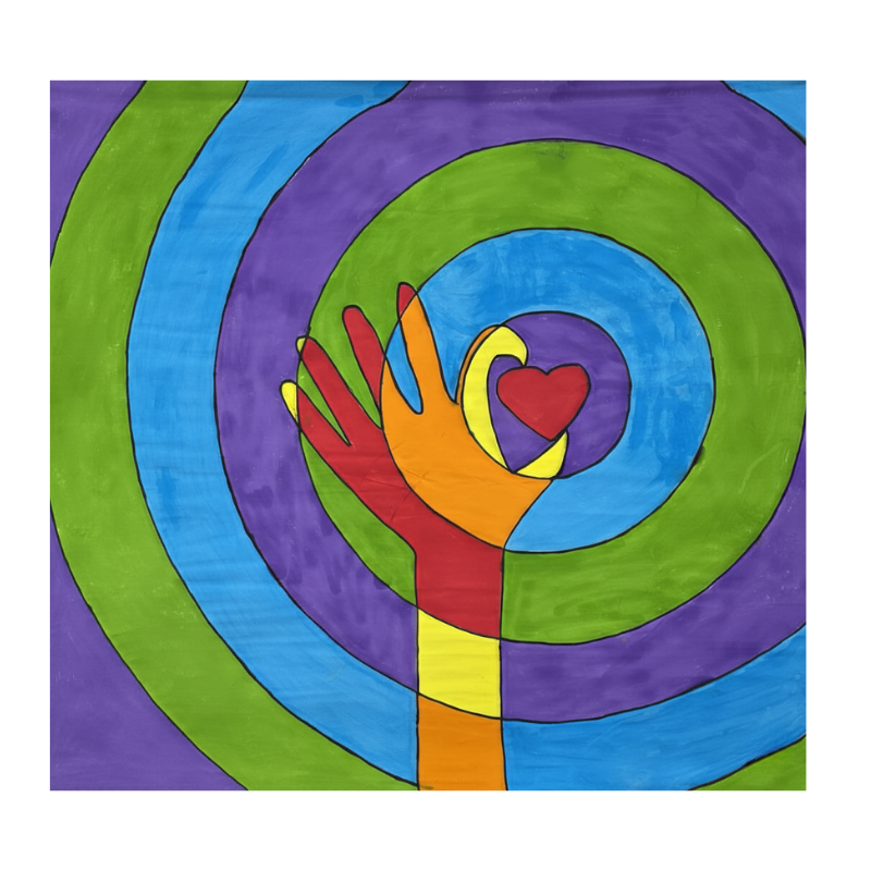 Esta balconada nace desde nuestros ojos, niños y niñas de 3 a 5 años. Son pequeños y ven el mundo con mucho color, como nuestra alegría. Somos niños y niñas muy diferentes entre nosotros: hay altos, con el pelo rizado, el color de la piel más oscura, con gafas…pero todos nos queremos, jugamos, bailamos, compartimos…todos juntos. Queremos un mundo así para vosotros mayores, así que esta mano representa los abrazos, caricias y ayudas que queremos que nos den los unos a los otros, y los círculos muestran que en la sociedad hay cabida para todos.